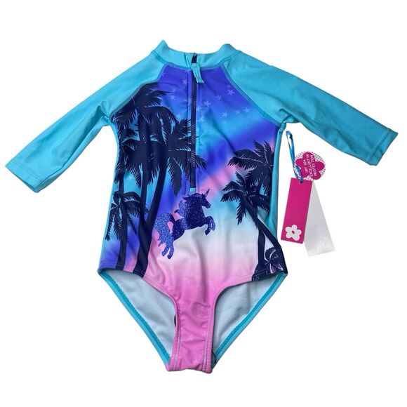 LIMITED TOO 3T Toddler Girl's Long Sleeve Rash Guard Swimsuit 1 Pc Unicorn Palm - Picture 1 of 7